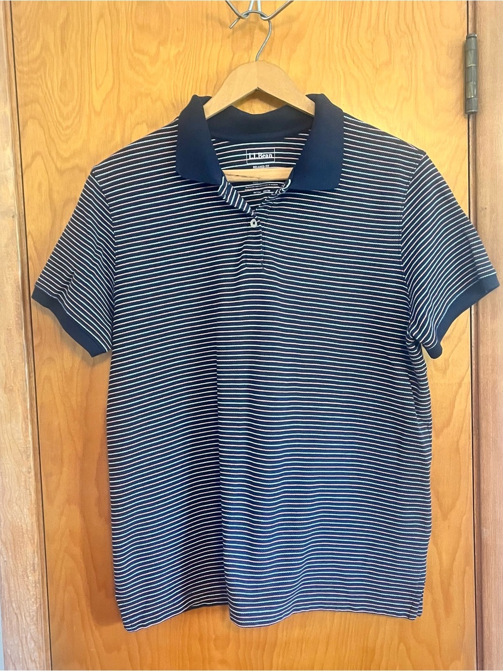 LL Bean Womens Polo Shirt Large Relaxed Fit Navy Pink Striped Cotton